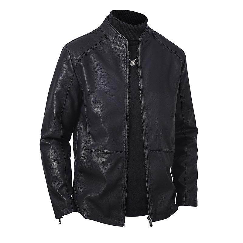 Men S Pu Leather Jacket Casual Loose Stand Collar Mid Length