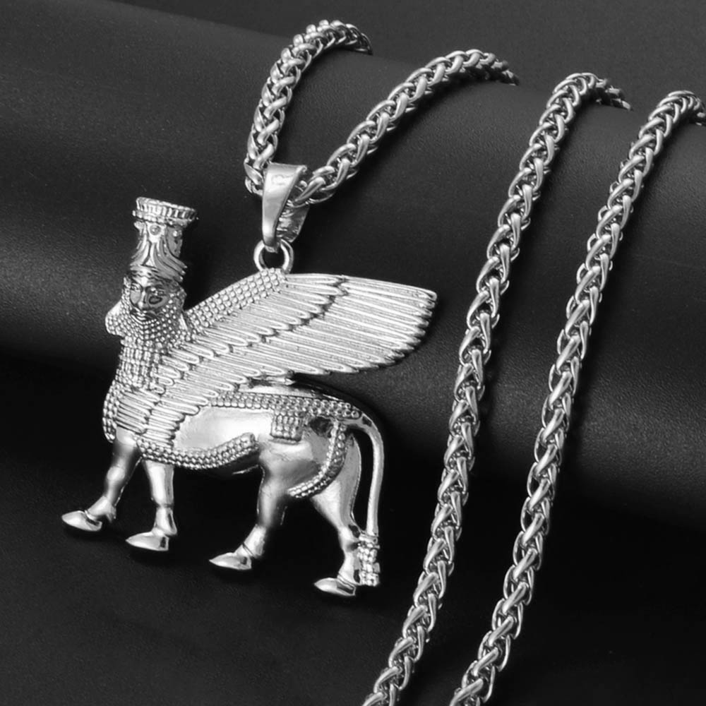 Anniyo Ashur Pendant Necklaces for Women Men Lama,Lamma,Winged Bull Lamassu is an Assyrian Protective Deity Jewelry #330806