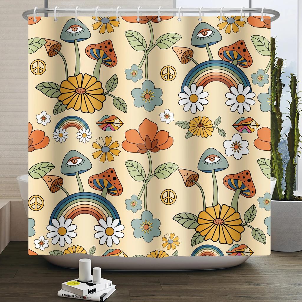 Retro Boho Shower Curtain - Vibrant 70s Floral & Mushroom Designs for Cozy Bathroom Décor, Waterproof, Easy Care & Groovy Vibes