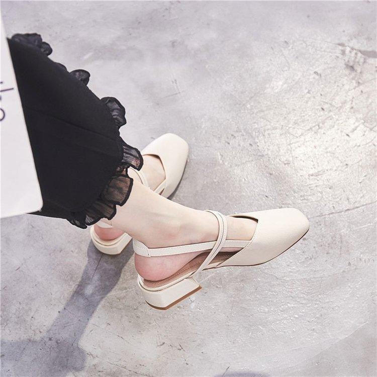 Baotou Sandals Summer Middle Heel New Student Fairy Style Retro Thick Heel One Word with Single Shoes