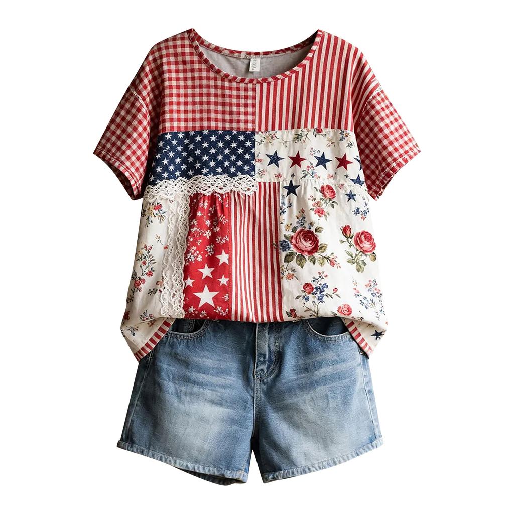 Women's American Floral Patchwork Print Casual T-Shirt 250Th Anniversary USA Shirt Patriotic Tshirt