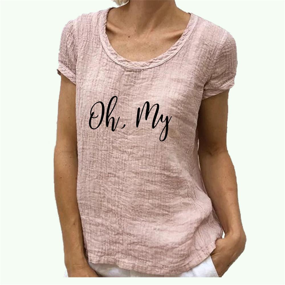 Women Fashion Cotton Linen T-shirt Round Collar Short Sleeve Top Spring&summer Print Blouse