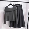 Gray Off-Shoulder Knitted Long-Sleeve Top & Midi Skirt Set - 2025 Spring Women's Dress