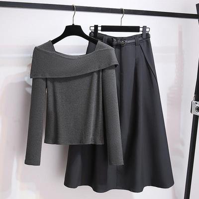 Gray Off-Shoulder Knitted Long-Sleeve Top & Midi Skirt Set - 2025 Spring Women's Dress