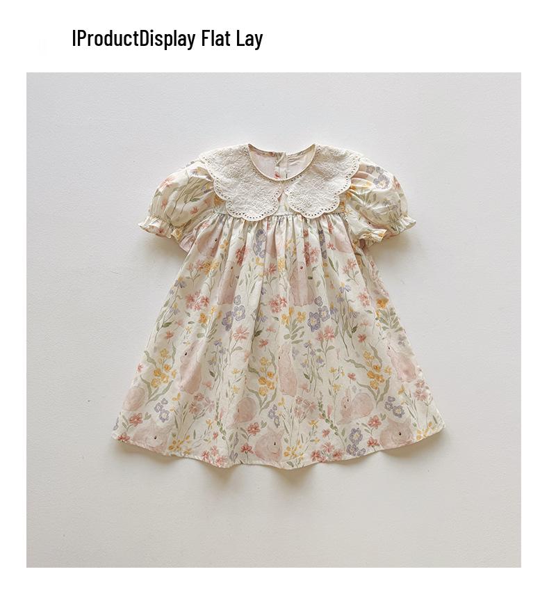 2026 Summer French Cartoon Print Lace Collar Girls' Princess Dress - Short Sleeve