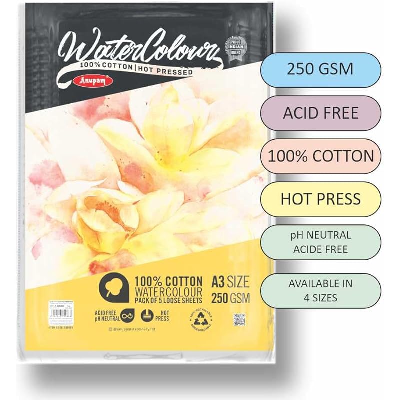 Anupam 100% Cotton Watercolour Paper Loose Sheets - Natural White - Hot Press Paper - 250 Gsm - 20 Sheets - A5 5