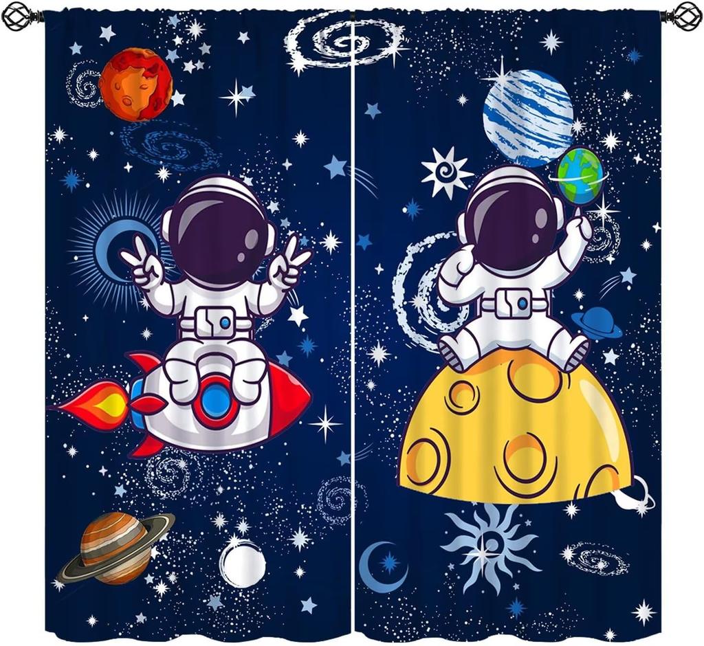 Cartoon Space Universe Curtains,Solar System Planet Rocket Spacecraft Print Decor Rod Pocket Window Treatments For Kids Girls