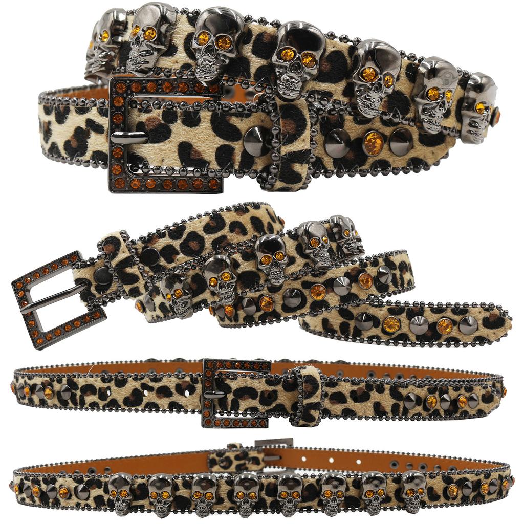 Full Skull Design for Women with Leopard Print with European and American Rhinestone Inlaid Belt High-end Pin Buckle Hip-hop Decoration Nightclub