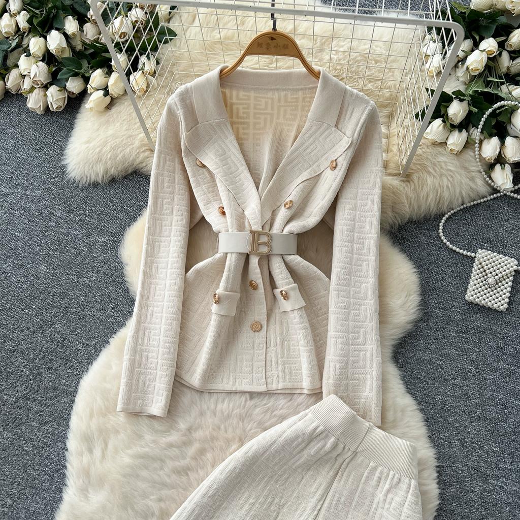 Herbst Winter Damen Vintage Designer Strickpullover Hose Zweiteiliges Set Blazerkragen Jacke Mantel und Weitbeinige Hose Trainingsanzug