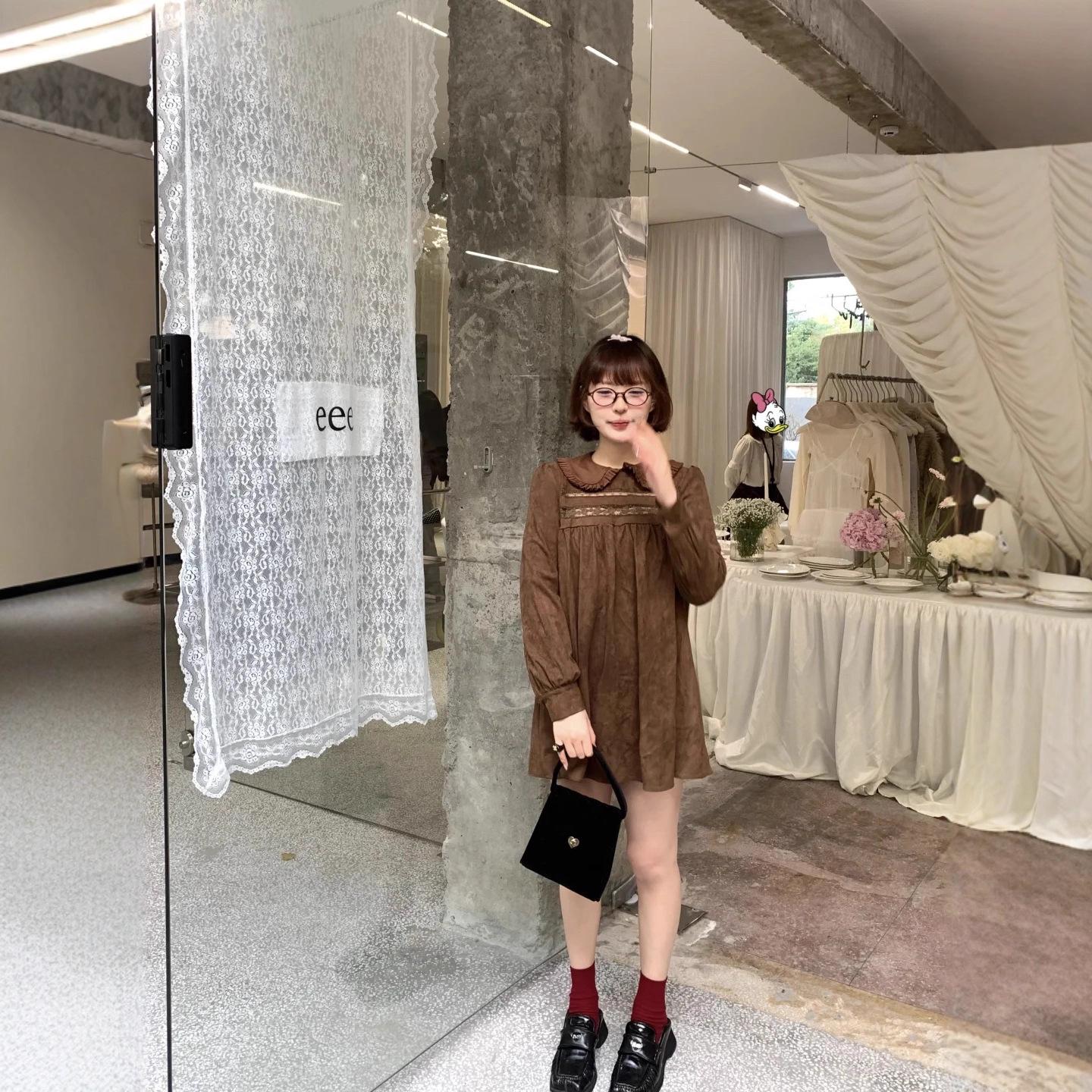 Brown Suede Doll Collar Lace Splice Dress - Autumn College Style L коричневый