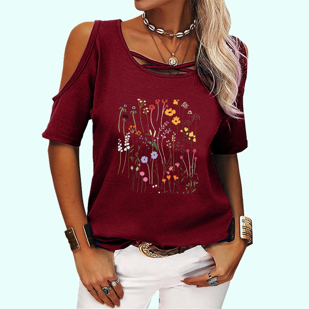 Women Fashion Off Shoulder Top Casual O Neck Summer Tee Shirt Floral Print Short Sleeve T-shirt