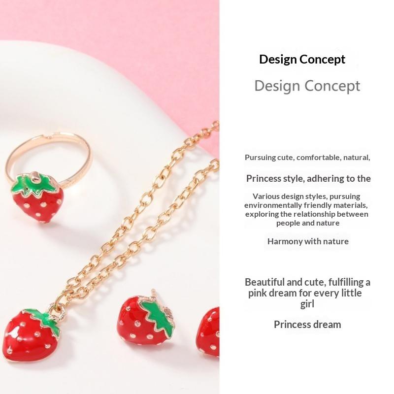 Kawaii Red Strawberry Enamel Jewelry Set 3Pcs Necklace Earrings Ring Hypoallergenic for Girls Party Wear Gifts