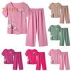 2 Pcs/Set Women T-shirt Pants Set Homewear Outfit Solid Color Floral Print Round Neck Short Sleeve Top Wide Leg Elastic Waist Loose Pants Pajamas