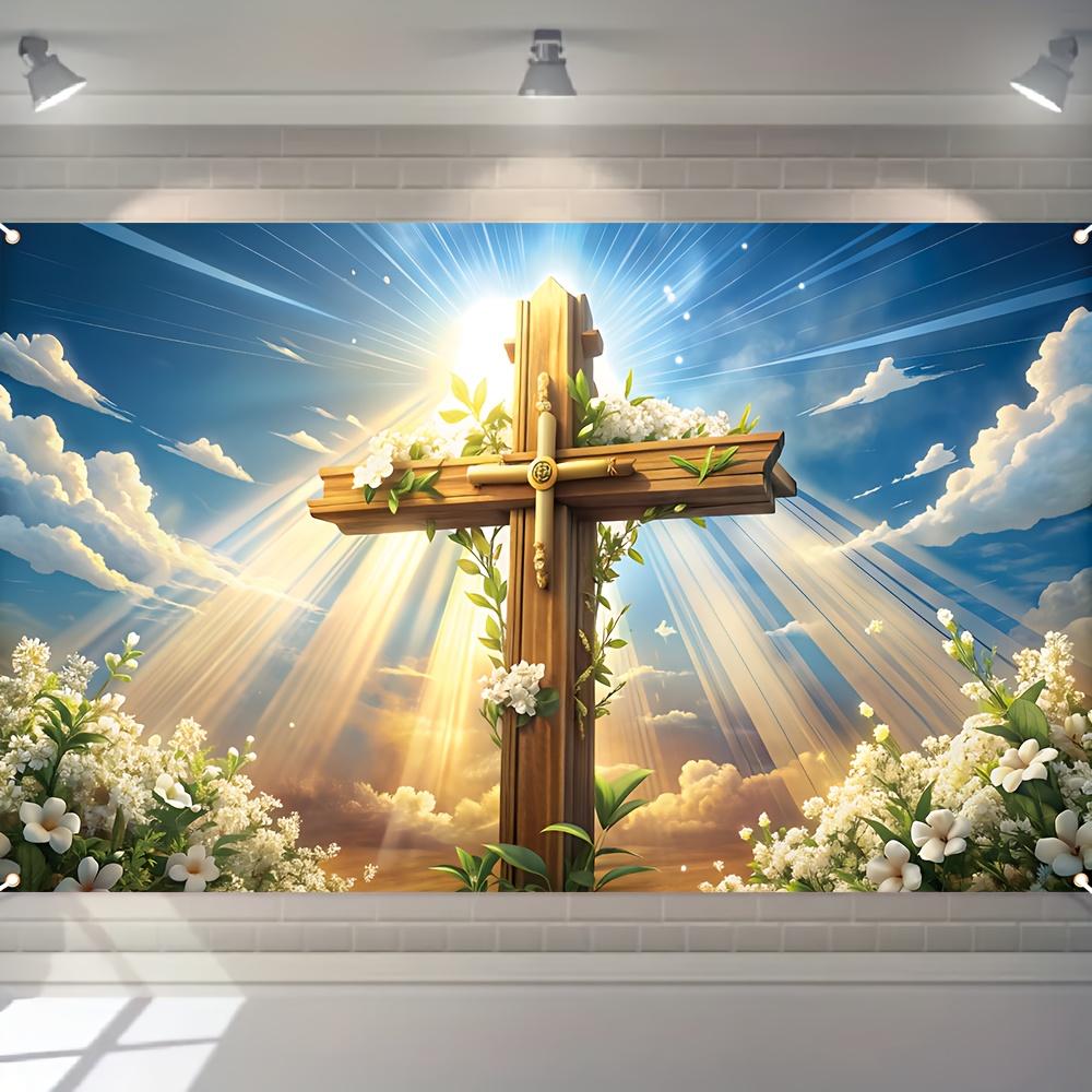 1pc Christmas Persian satin flag, Resurrection cross design, multi-purpose religious background, party, garden, room