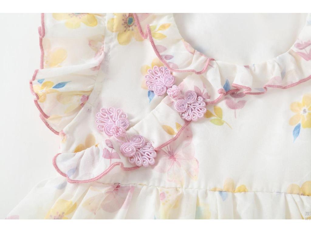 Baby Girl Floral Hanfu Jumpsuit Cheongsam Romper - Short Sleeve Snap Crotch