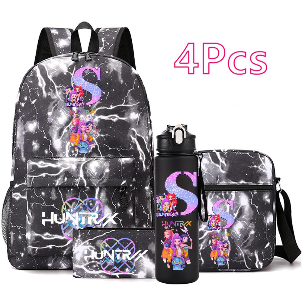 4 Stück/Set Cartoon Anime Aufdruck Rucksack Große Kapazität Schultasche Umhängetasche Tasche mit 750ml Wasserflaschenhalter Junge Mädchen Schultasche