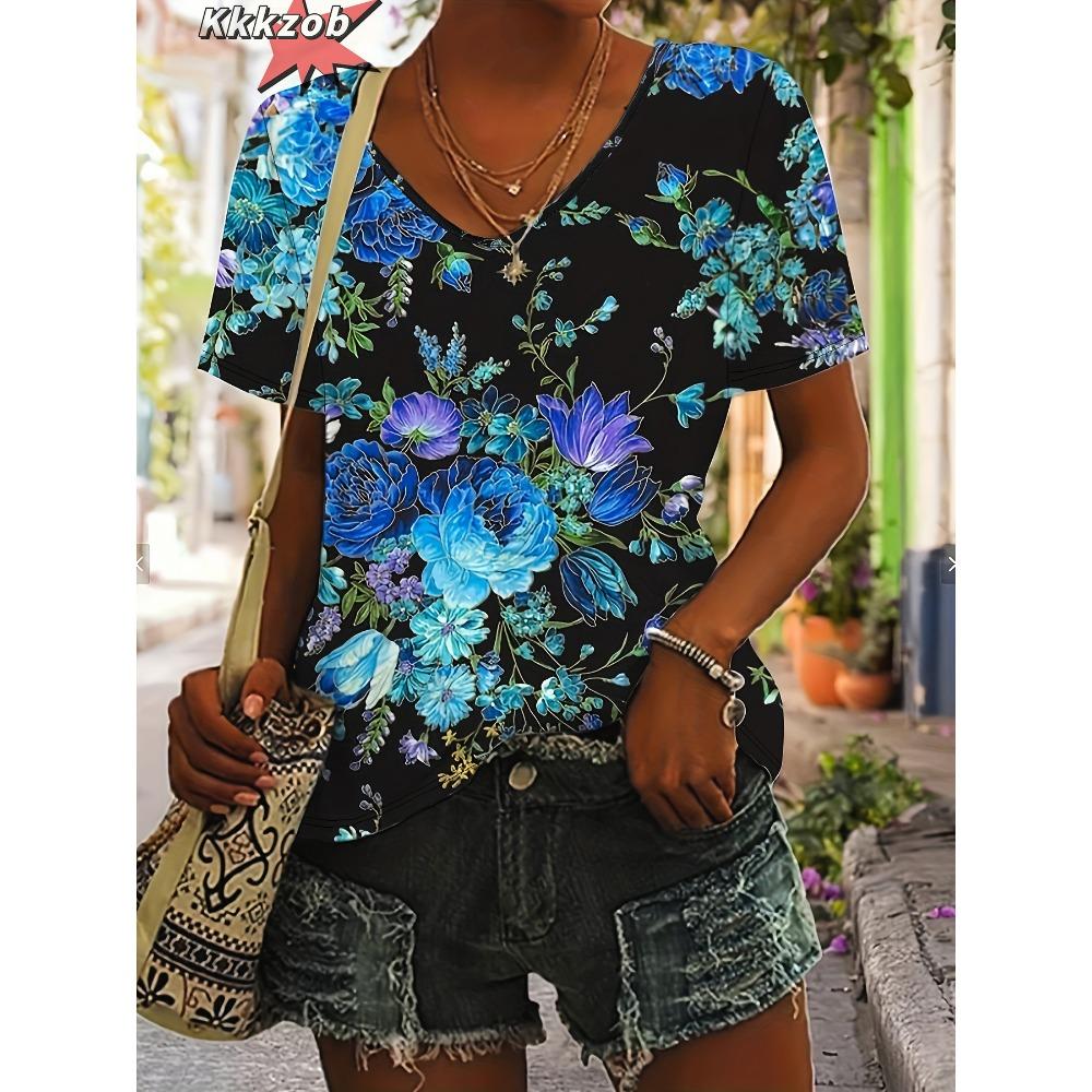 Women's T Shirts V-Neck 3D Art Print Tops Loose Short Sleeve Tees Summer Streetwear Fashion Casual Oversized Female Clothing