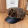 Mohair leopard print splicing leather brim octagonal hat children autumn and winter warm face ducktongue newsboy painter hat
