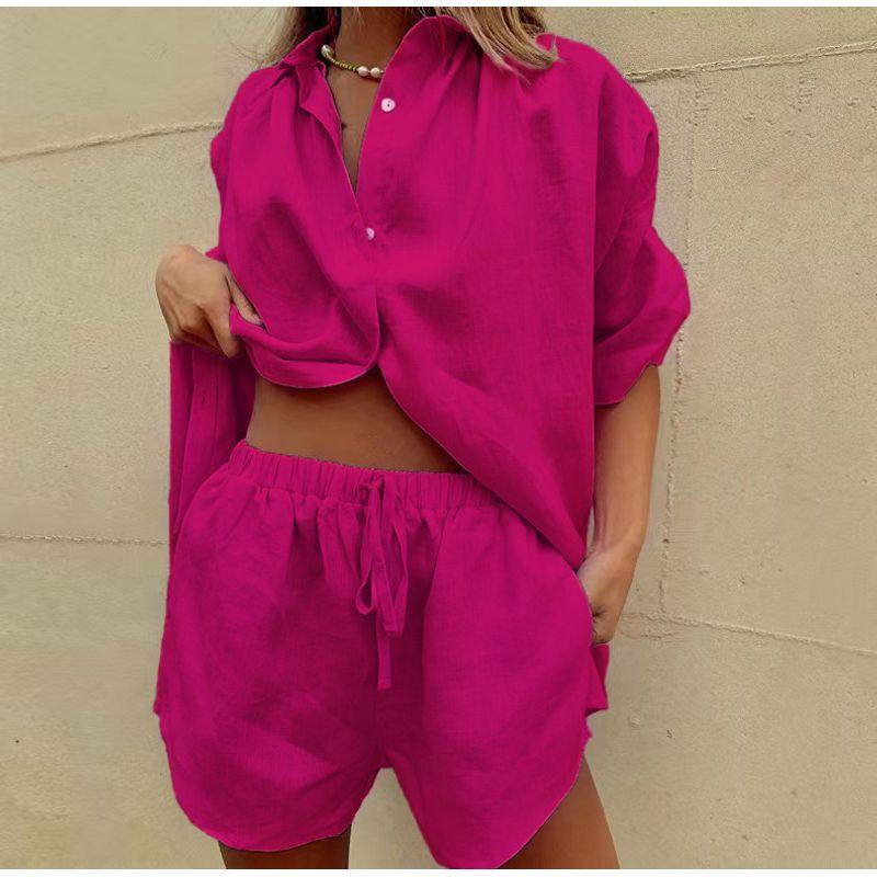 

European and American Single-breasted Shirt + Shorts Suit Rose Red M