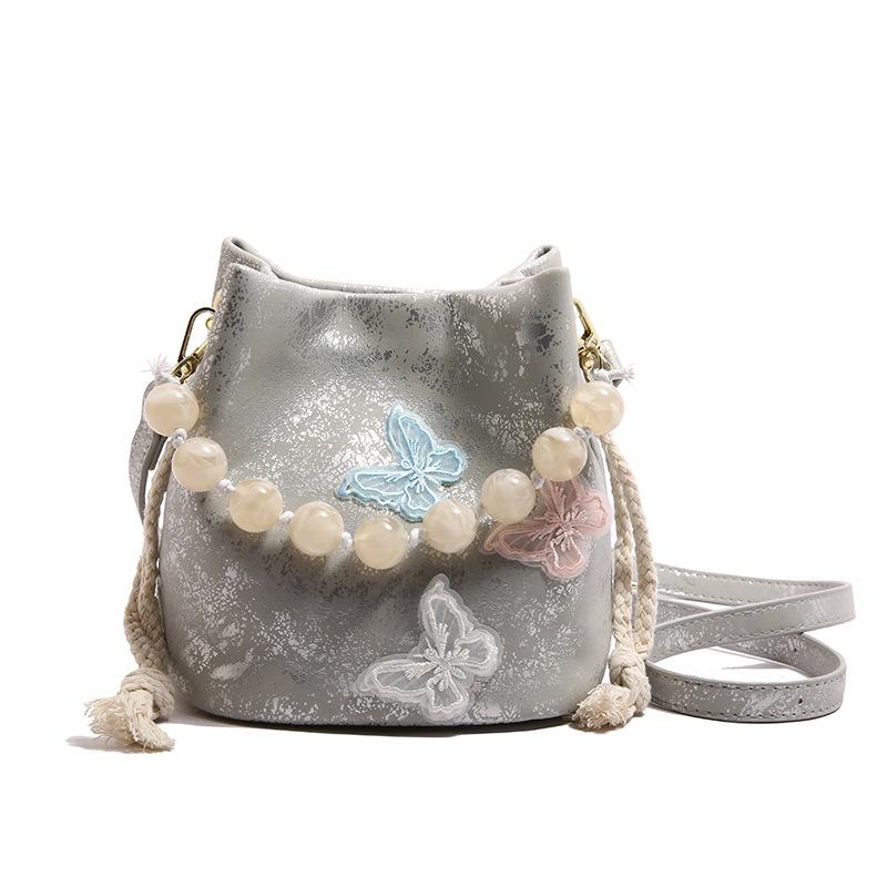 2025 New Chinese Style Butterfly Shoulder Bag Fashion Splicing Beaded Handbag Women's Versatile Messenger Bucket Bag