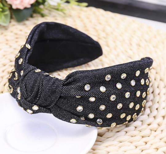 Bohemian Ethnic Denim Center Knot  Hairband With Rhinestone Knotted Headband Hair Accessories