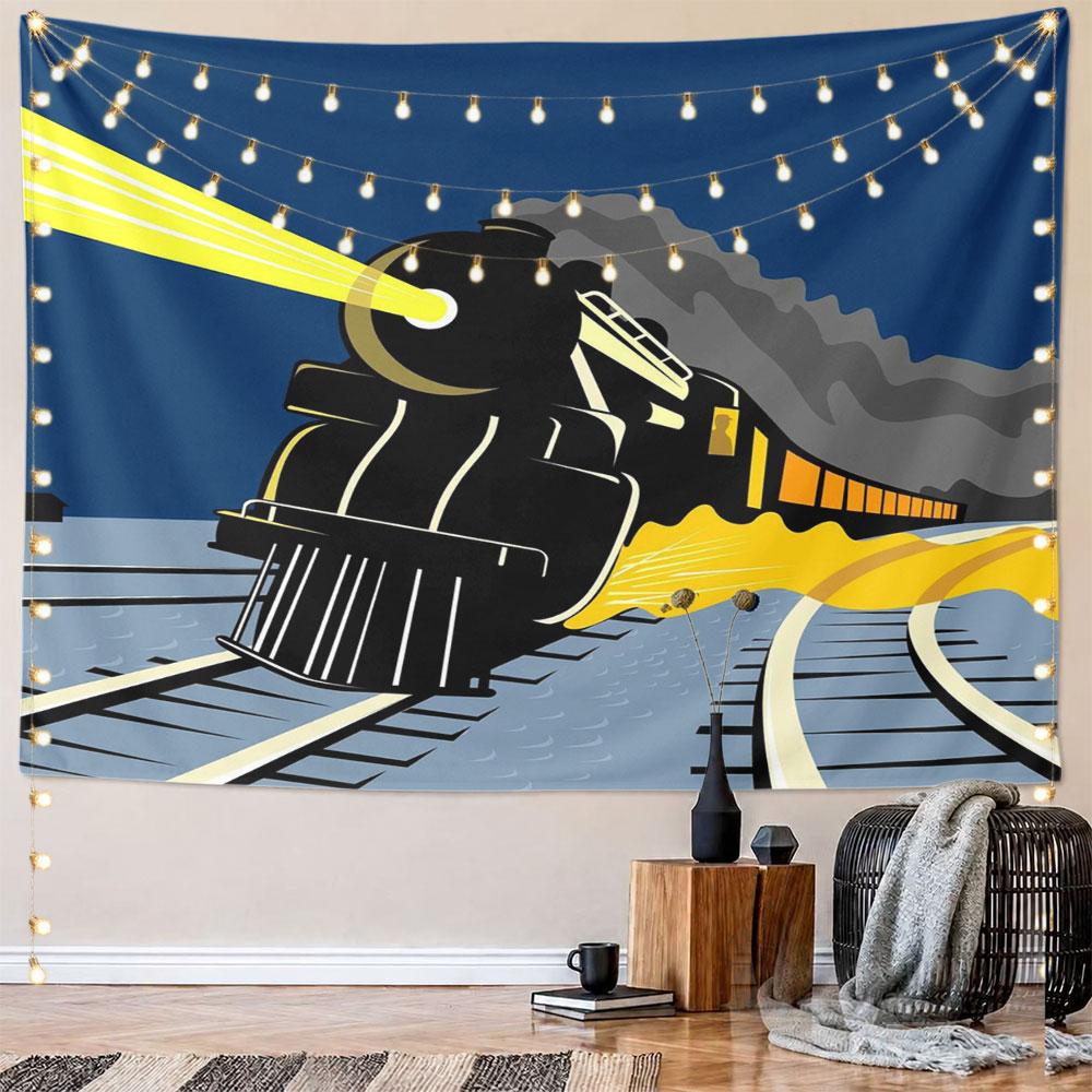 Vintage Night Train Illustration Pattern Wall Hanging Tapestry Decorative Tapestry Home Decor for Bedroom and Living Room