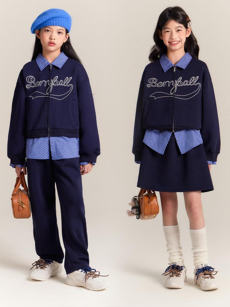 Barry Banny Long Sleeve Navy Zipper Stylish Faux Layered Check Size 120 Girls' Sweatshirt, Blue, Closure, Pattern, Collar, Warm, Kids' Fall/Winter