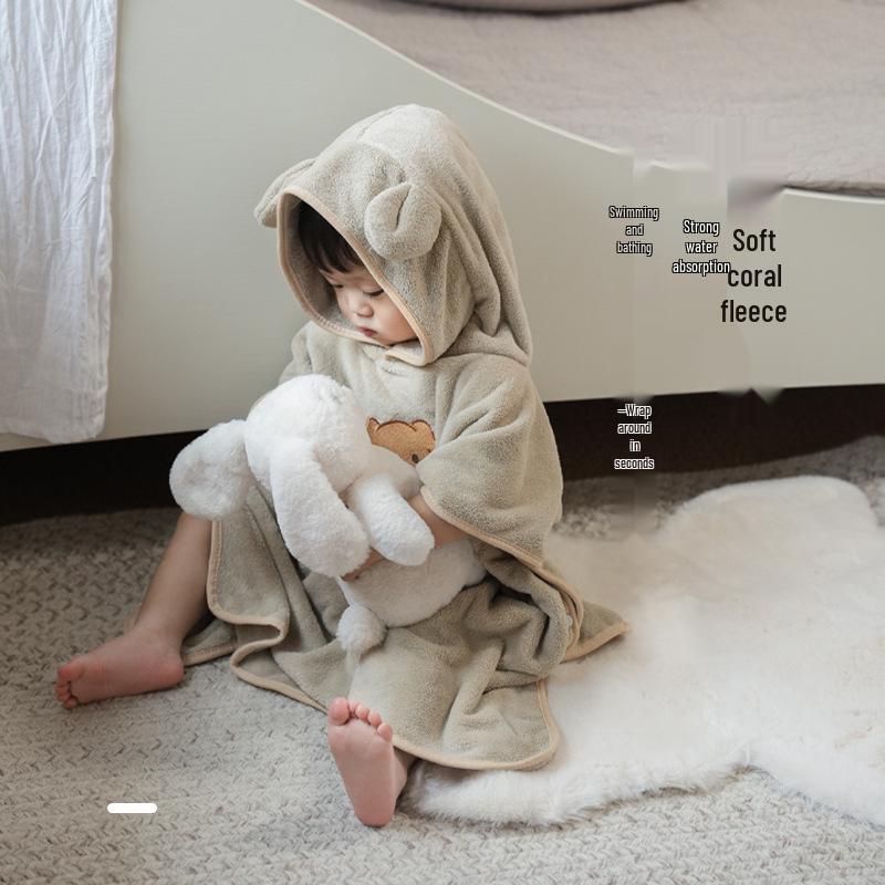 Cartoon Hooded Coral Fleece Bath Towel Cape for Children and Newborns