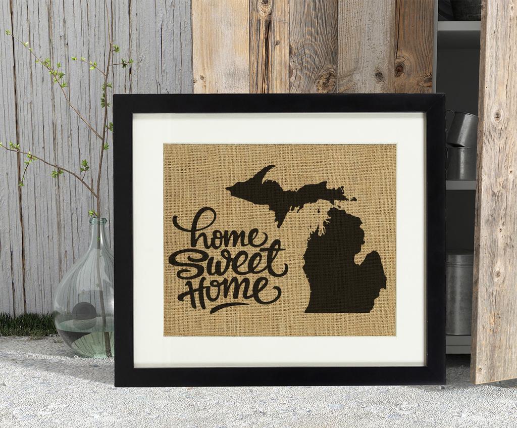 Darling Souvenir Home Sweet Home Burlap Print Wall Decor Michigan State Map Housewarming Gift-Burlap Print Only