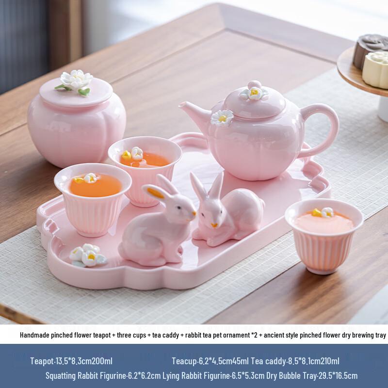 Hand-Pinched Dehua White Porcelain Pink Tea Set 7-piece set