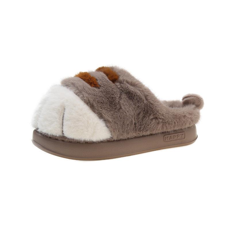 Fashion Comemore Cute Tiger Paw Cotton Slippers for Women Thick Bottom Indoor Warm Furry Cotton Shoes Winter Cartoon Flat Fur Slippers