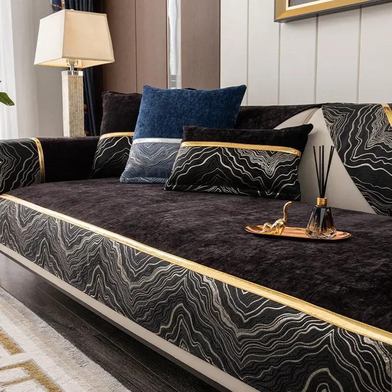 Fussel Chenille Sofakissen Sektionssofa Überwürfe Wohnzimmer Schwarz Leichter Luxus Sofabezug Geteiltes Ganzjahres-Sofabezug-Polster 70x70cm 1pcs