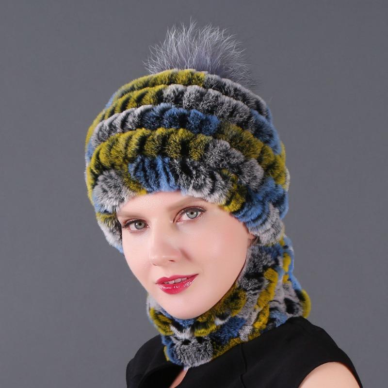 New hat scarf winter thickened thermal hat Rex rabbit fur grass Rex rabbit fur scarf two-piece set