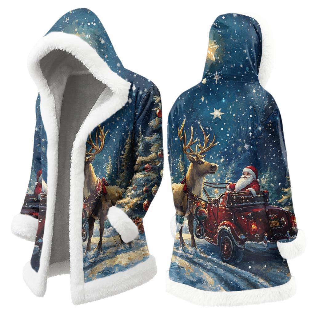 Men's Christmas Long Hooded Cardigan With Pockets Warm Jacket