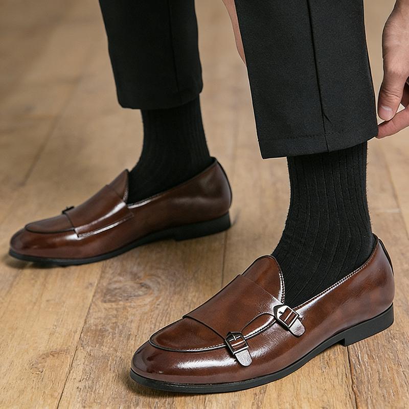 Fashion Black Brown Monk Strap Patent Leather Shoes For Men New Black Brown Loafers Business Wedding Formal Dress Footwear