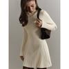 Autumn Winter Half High Collar Casual Fashion Knitting A-line Dress Women Solid Color Slim Mini Robe Vestidos