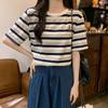 Short Sleeve T-Shirt Women's Black Stripe Summer Loose Inner Hong Kong Style Retro Embroidery Design Skinny Crew Neck Top