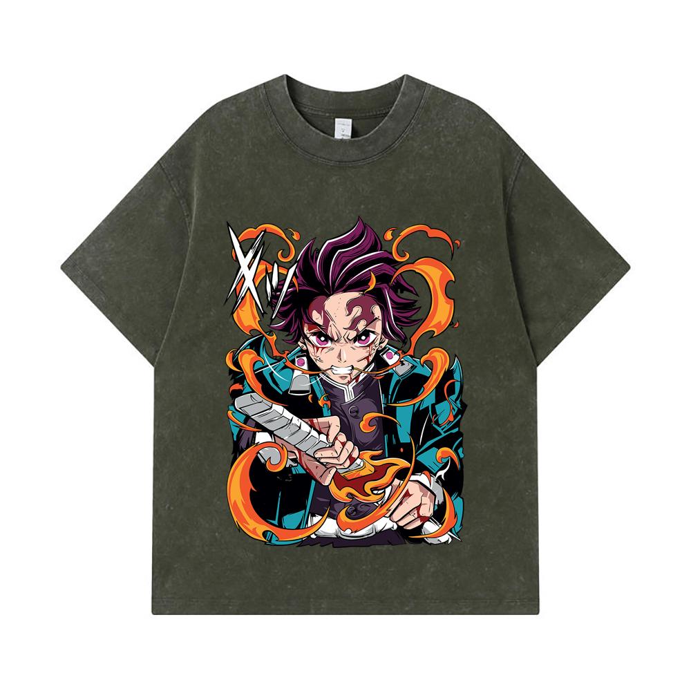 275 GSM Washed T-shirts 100% Cotton Demon Slayer V64 Tanjiro Fire Breathing Print Unisex Heavy Cotton T Shirt
