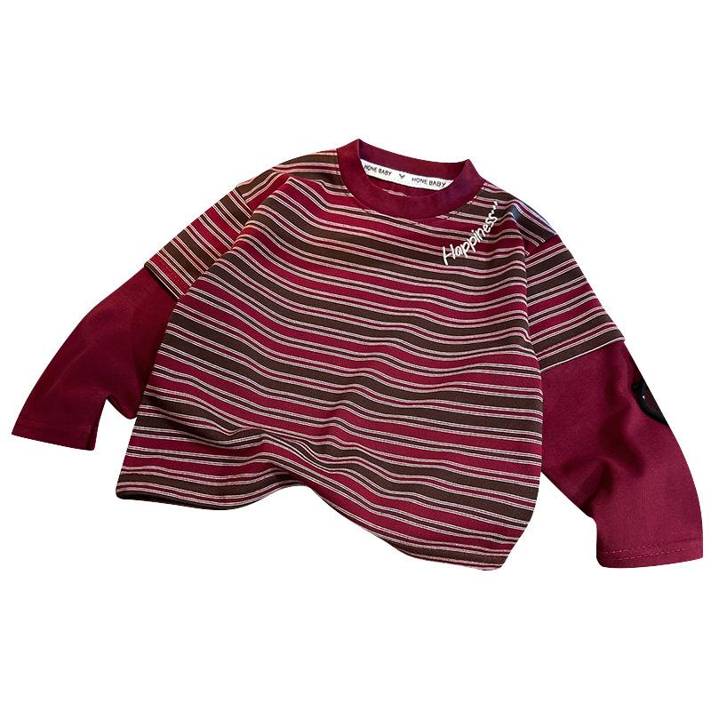 Korean Style Kids Boys Striped Top Cotton Splicing Loose Basic Kids T-Shirt Autumn Soft Breathable Children Clothes