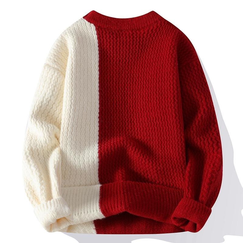 2025 Męski Sweter Color Block Męski Gruby Pleciony Pulower Męski Sweter Casual z Okrągłym Dekoltem Zimowy Męski Koreański Harajuku Ciepła Dzianina