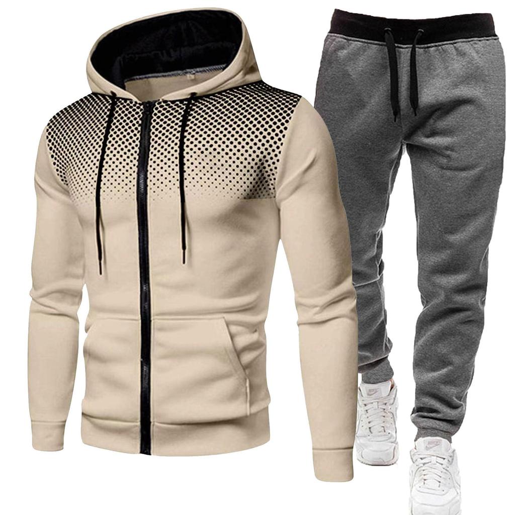 Unisex Fleece-Lined Polka Dot Zipper Hoodie Set for Autumn/Winter
