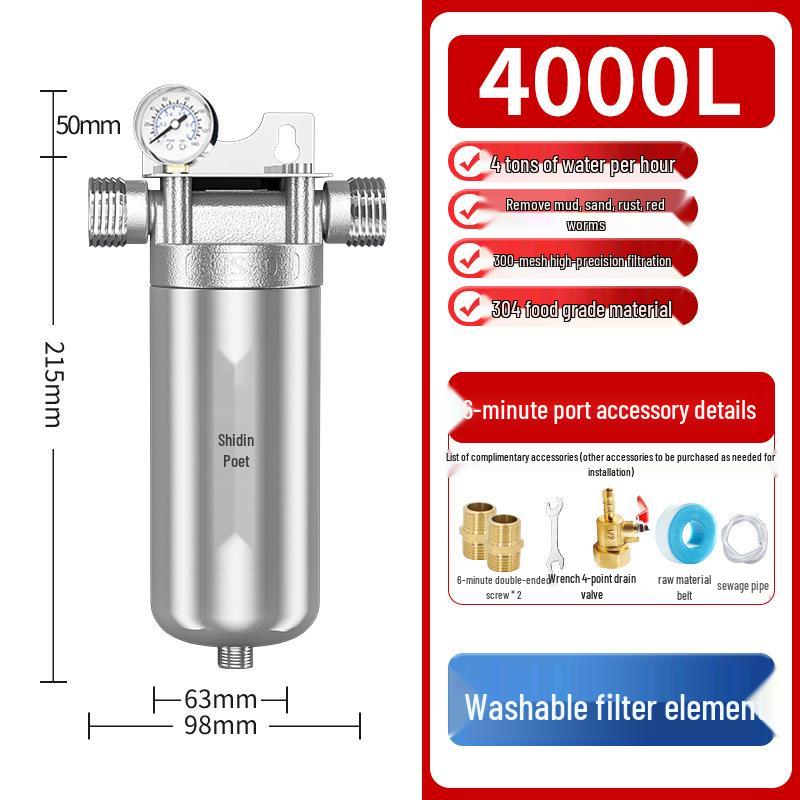Whole House Tap Water Pre-filter Purifier for Large Flow with Mud and Sand Removal Stainless Steel Pre-filter