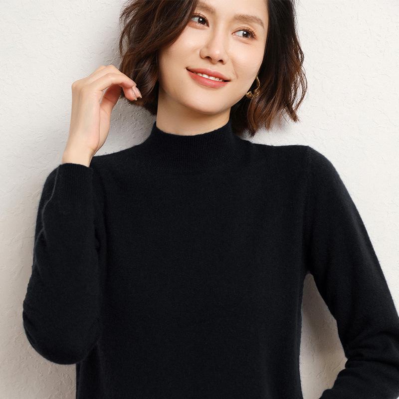Women's Knitted Half High Neck Sweater - Solid Color, Warm Thick, 2024 Autumn/Winter New Style