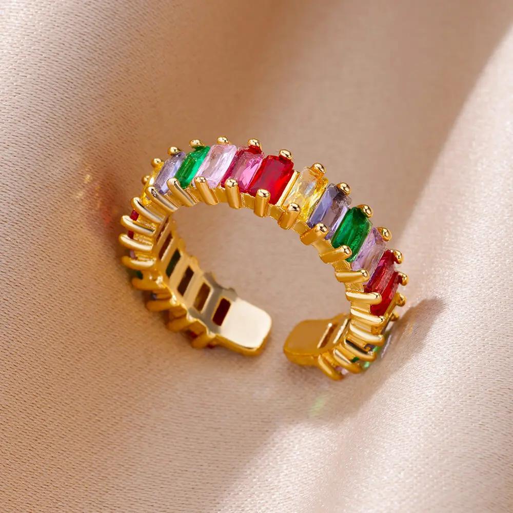 Colorful Cubic Zircon Ring for Women Stainless Steel Gold Color Open Ring Vintage Boho Wedding Party Zircon Gift Accessories