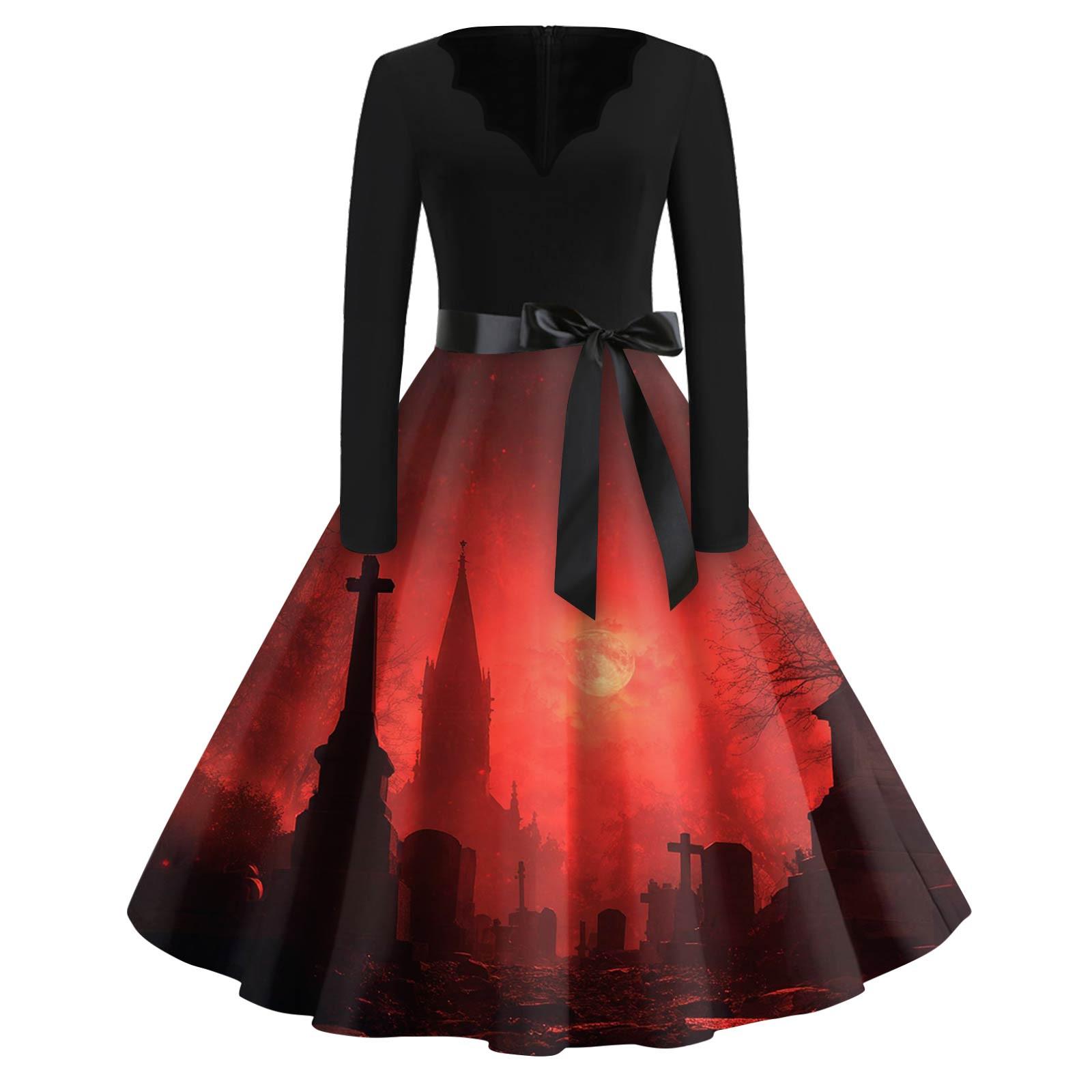 

Женская мода с v-образным вырезом, повседневные тонкие платья с длинными рукавами и принтом на Хэллоуин XXXL красный