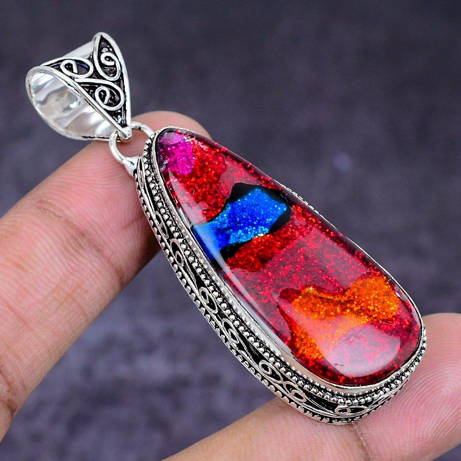 Natural Dichroic Glass Gemstone 925 Sterling Silver Jewelry Pendant 2.29" ETC-14628