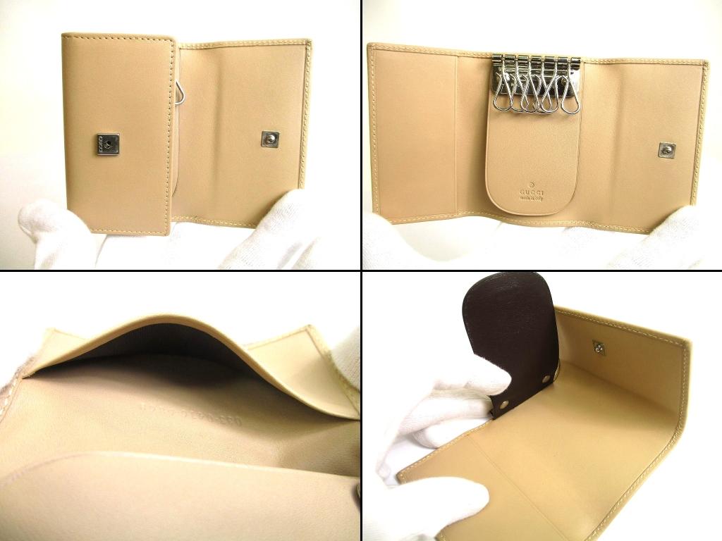 Authentic GUCCI Logo Plate Beige Leather 6 Pics Key Chain #b083  Open box