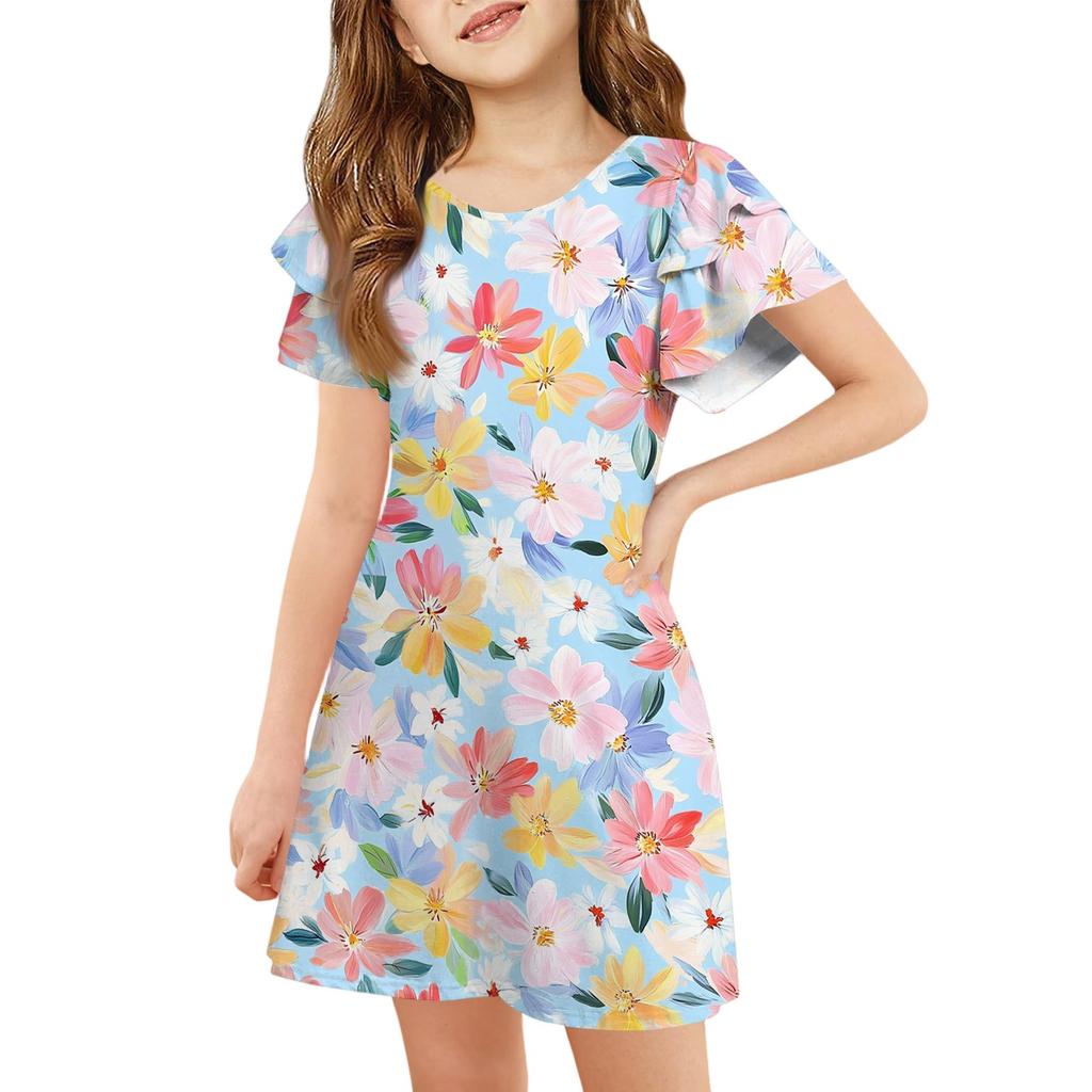 Girls' Ruffle Sleeve Dress - Round Neck Printed Sundress