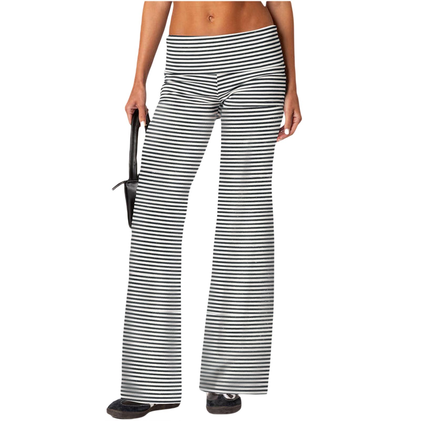 

Женские эластичные широкие брюки, повседневные, симпатичные, с полосатым принтом, с отворотом на талии, для работы, офиса, уличной одежды разноцветный