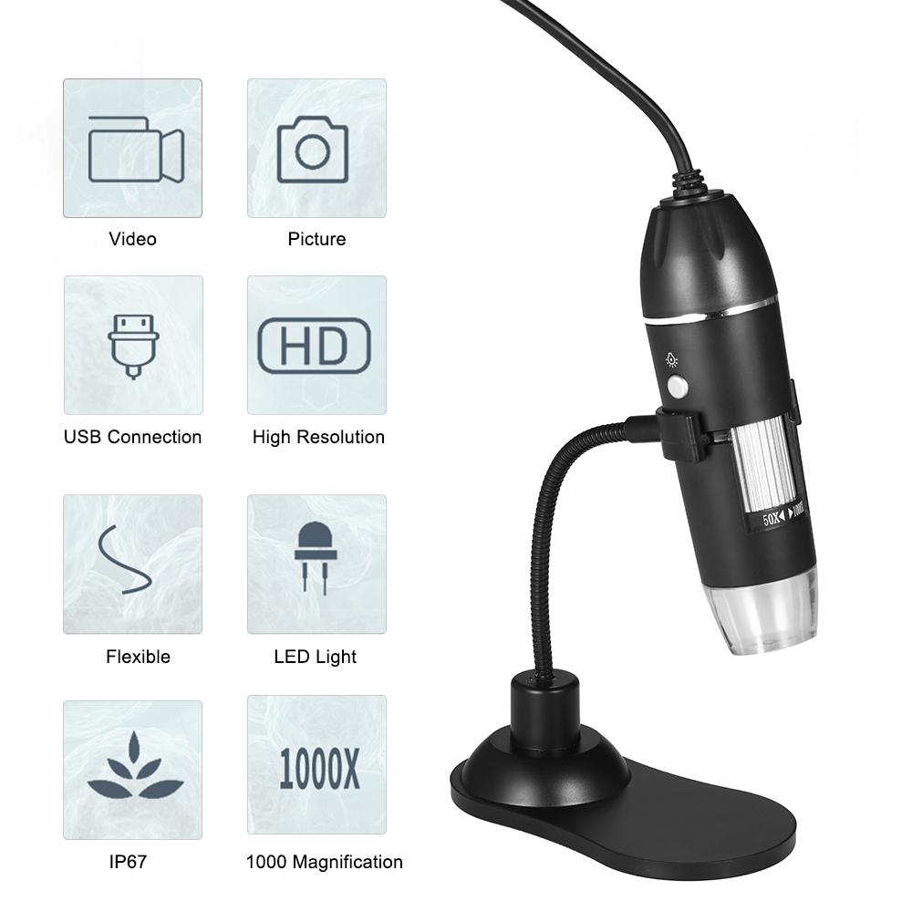 Digital Zoom Microscope USB Handheld & Desktop Magnifier 0.3MP Camera 8 LED Light Magnifying Glass 1000X Magnification